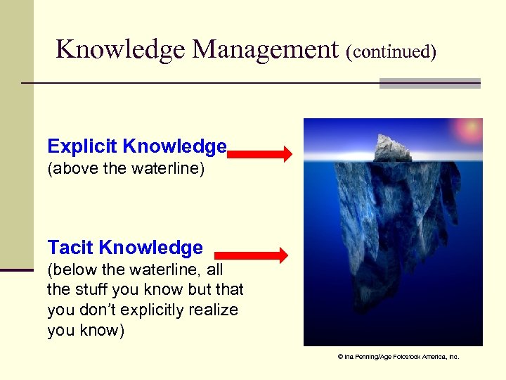 Knowledge Management (continued) Explicit Knowledge (above the waterline) Tacit Knowledge (below the waterline, all