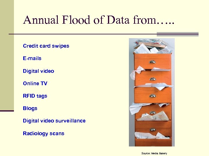 Annual Flood of Data from…. . Credit card swipes E-mails Digital video Online TV