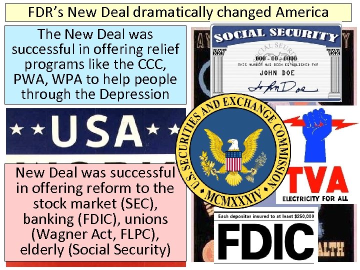 FDR’s New Deal dramatically changed America The New Deal was successful in offering relief