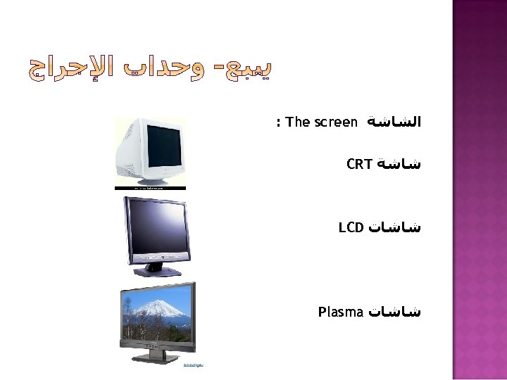 : The screen ﺍﻟﺸﺎﺷﺔ CRT ﺷﺎﺷﺔ LCD ﺷﺎﺷﺎﺕ Plasma ﺷﺎﺷﺎﺕ 
