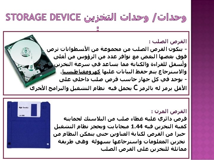  ﻭﺣﺪﺍﺕ/ ﻭﺣﺪﺍﺕ ﺍﻟﺘﺨﺰﻳﻦ STORAGE DEVICE : ﺍﻟﻘﺮﺹ ﺍﻟﺼﻠﺐ : ﻳﺘﻜﻮﻥ ﺍﻟﻘﺮﺹ ﺍﻟﺼﻠﺐ ﻣﻦ