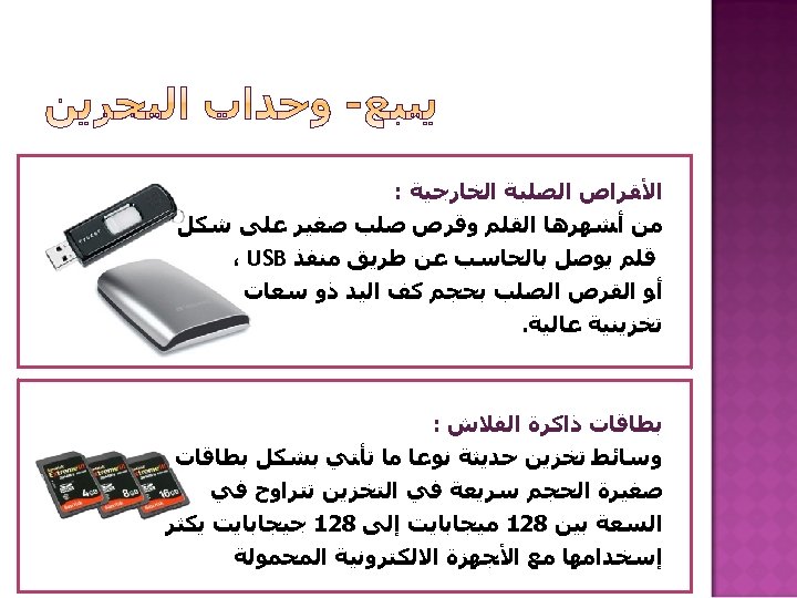  ﺍﻷﻘﺮﺍﺹ ﺍﻟﺼﻠﺒﺔ ﺍﻟﺨﺎﺭﺟﻴﺔ : ﻣﻦ ﺃﺸﻬﺮﻫﺎ ﺍﻟﻘﻠﻢ ﻭﻗﺮﺹ ﺻﻠﺐ ﺻﻐﻴﺮ ﻋﻠﻰ ﺷﻜﻞ ﻗﻠﻢ