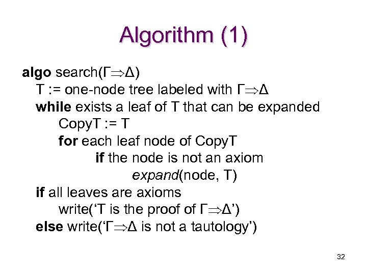 Algorithm (1) algo search(Γ Δ) T : = one-node tree labeled with Γ Δ