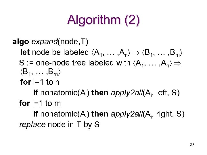 Algorithm (2) algo expand(node, T) let node be labeled A 1, … , An