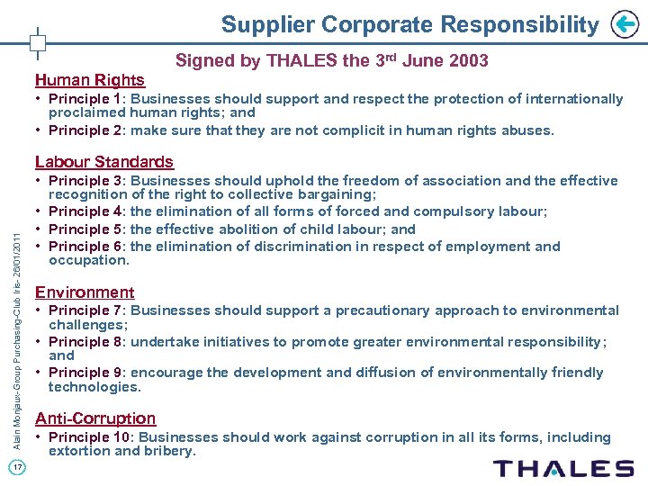 Supplier Corporate Responsibility Signed by THALES the 3 rd June 2003 Human Rights •