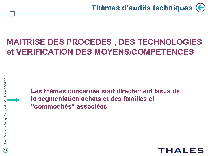 Thèmes d’audits techniques Alain Monjaux-Group Purchasing-Club Iris- 26/01/2011 MAITRISE DES PROCEDES , DES TECHNOLOGIES