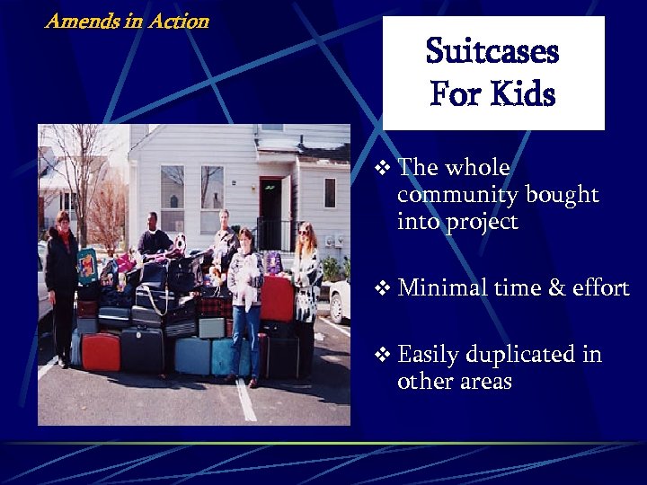 Amends in Action Suitcases For Kids v The whole community bought into project v