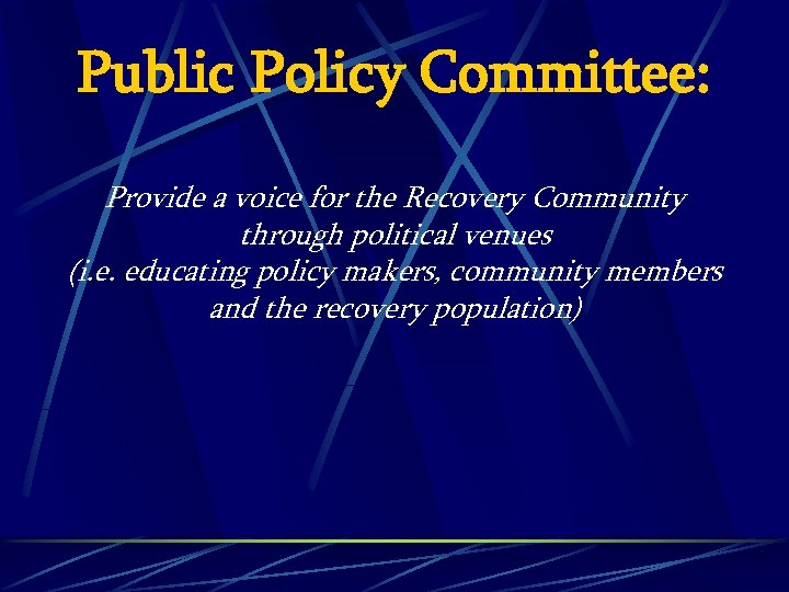 Public Policy Committee: Provide a voice for the Recovery Community through political venues (i.