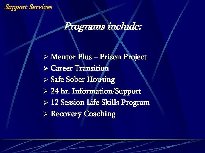 Support Services Programs include: Ø Mentor Plus – Prison Project Ø Career Transition Ø