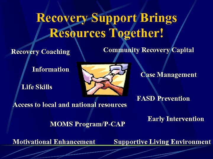 Recovery Support Brings Resources Together! Recovery Coaching Community Recovery Capital Information Case Management Life