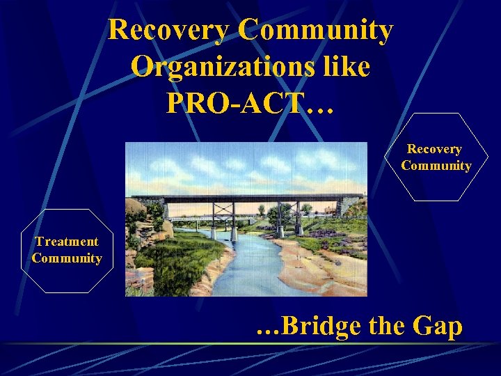 Recovery Community Organizations like PRO-ACT… Recovery Community Treatment Community …Bridge the Gap 