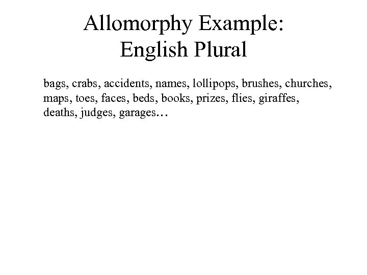 Allomorphy Example: English Plural bags, crabs, accidents, names, lollipops, brushes, churches, maps, toes, faces,