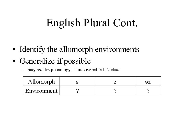 English Plural Cont. • Identify the allomorph environments • Generalize if possible – may