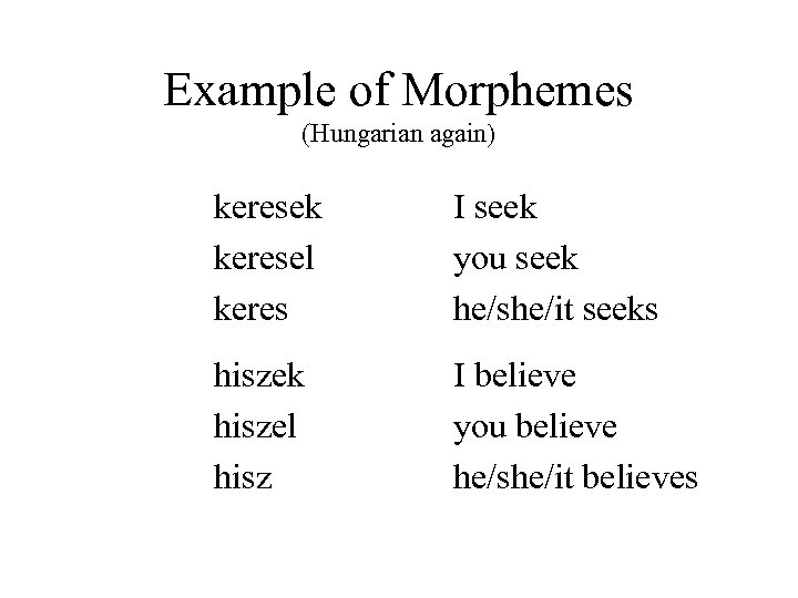 Example of Morphemes (Hungarian again) keresek keresel keres I seek you seek he/she/it seeks
