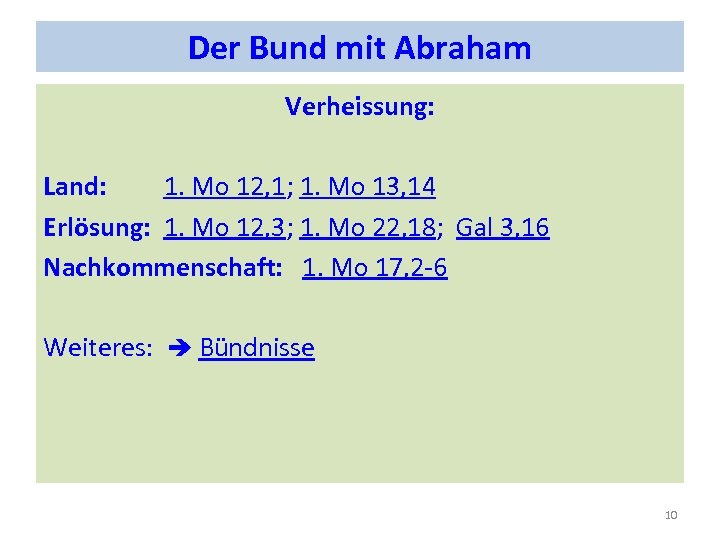 Der Bund mit Abraham Verheissung: Land: 1. Mo 12, 1; 1. Mo 13, 14
