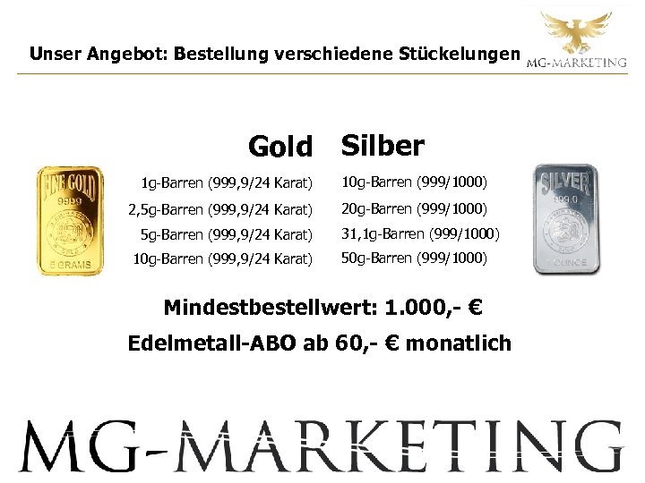 Unser Angebot: Bestellung verschiedene Stückelungen Gold Silber 1 g-Barren (999, 9/24 Karat) 10 g-Barren