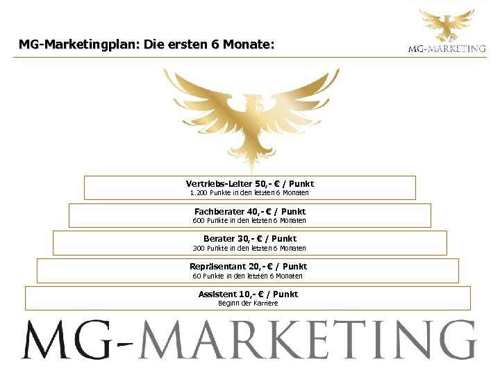 MG-Marketingplan: Die ersten 6 Monate: Vertriebs-Leiter 50, - € / Punkt 1. 200 Punkte