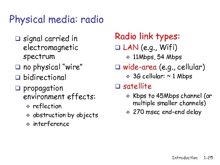 Physical media: radio q signal carried in electromagnetic spectrum q no physical “wire” q