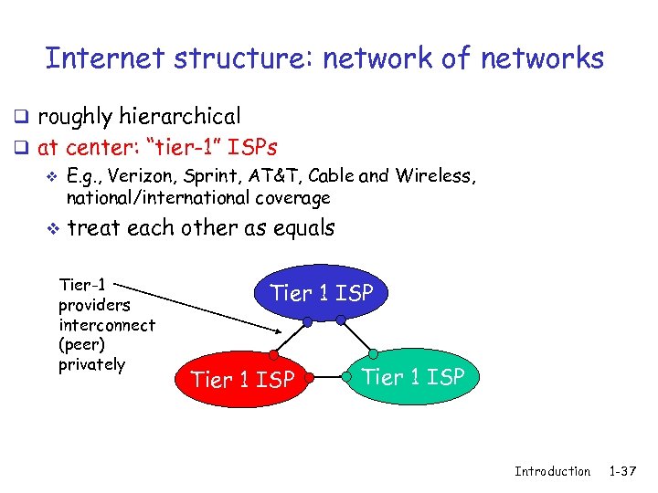 Internet structure: network of networks q roughly hierarchical q at center: “tier-1” ISPs v