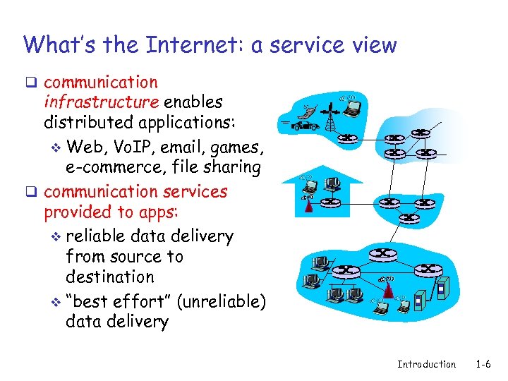 What’s the Internet: a service view q communication infrastructure enables distributed applications: v Web,