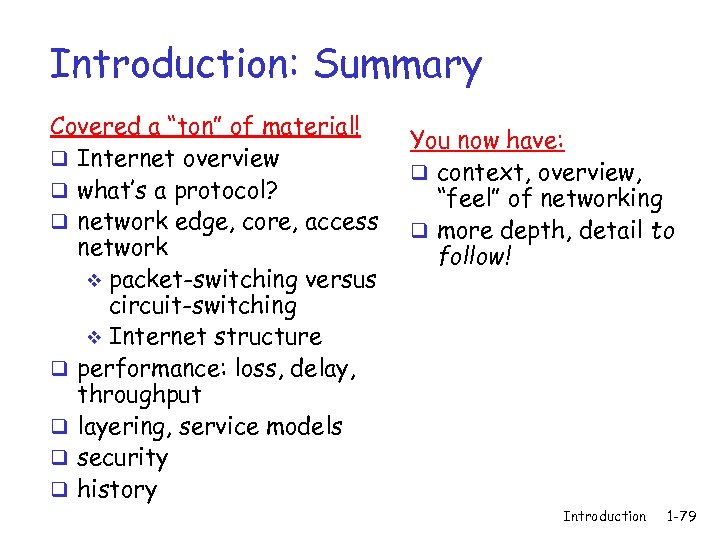 Introduction: Summary Covered a “ton” of material! q Internet overview q what’s a protocol?