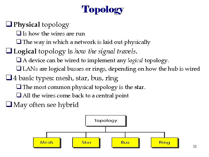 Topology q Physical topology q Is how the wires are run q The way