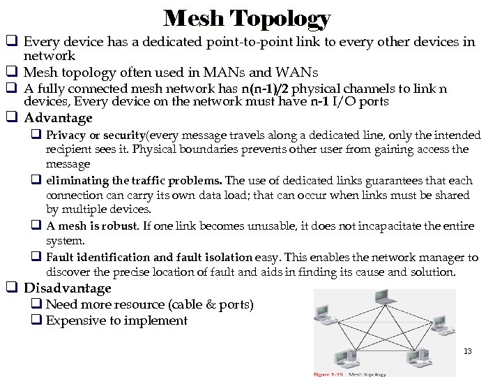 Mesh Topology q Every device has a dedicated point-to-point link to every other devices