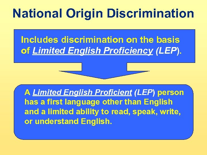 National Origin Discrimination Includes discrimination on the basis of Limited English Proficiency (LEP). A