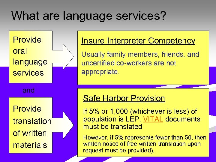 What are language services? Provide oral language services and Provide translation of written materials