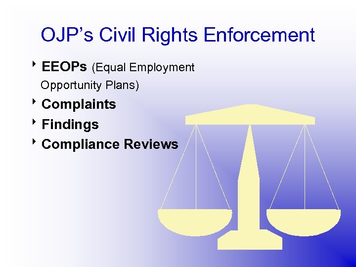 OJP’s Civil Rights Enforcement 8 EEOPs (Equal Employment Opportunity Plans) 8 Complaints 8 Findings