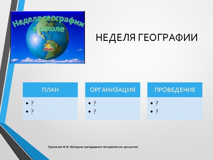 НЕДЕЛЯ ГЕОГРАФИИ ПЛАН • ? ОРГАНИЗАЦИЯ • ? Ермолович М. М. Методика преподавания географических