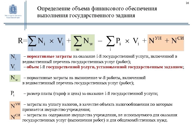 26 Определение объема финансового обеспечения выполнения государственного задания – нормативные затраты на оказание i-й