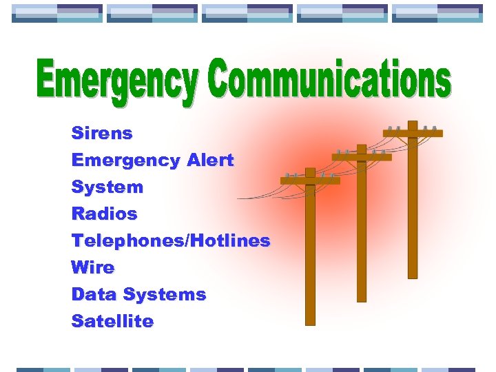 Sirens Emergency Alert System Radios Telephones/Hotlines Wire Data Systems Satellite 