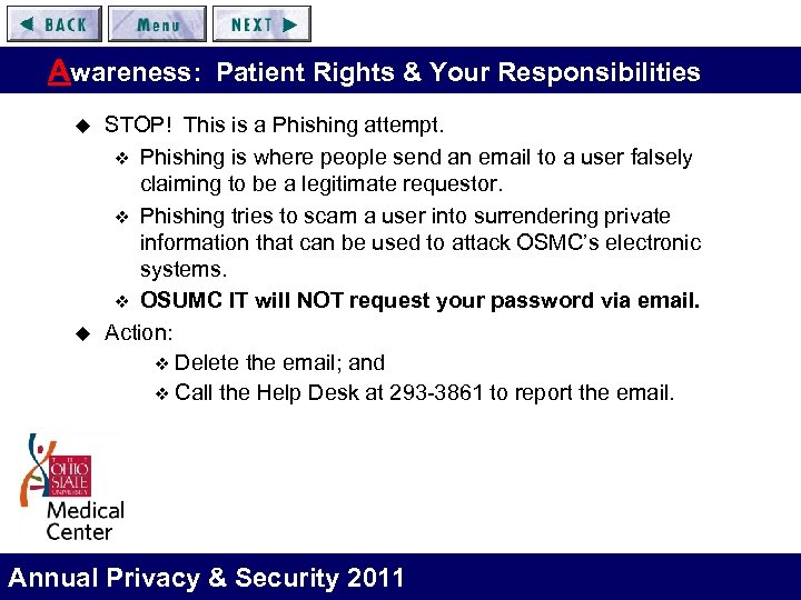 Awareness: Patient Rights & Your Responsibilities u u STOP! This is a Phishing attempt.