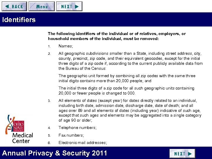 Identifiers The following identifiers of the individual or of relatives, employers, or household members