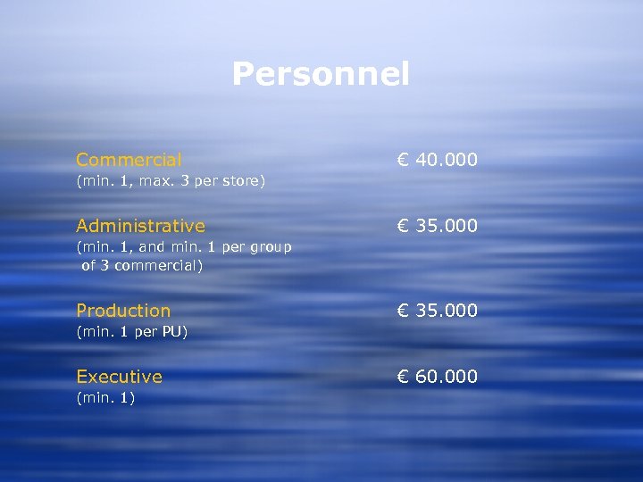 Personnel Commercial € 40. 000 (min. 1, max. 3 per store) Administrative € 35.