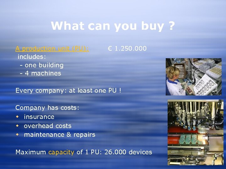What can you buy ? A production unit (PU): includes: - one building -