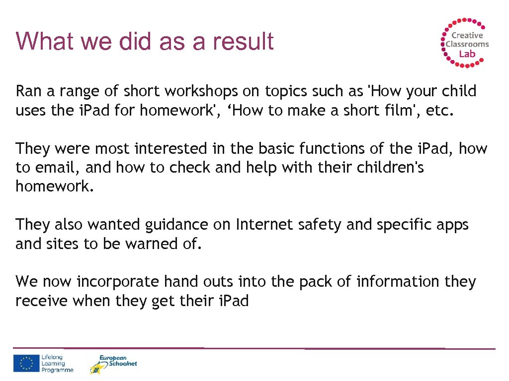 What we did as a result Ran a range of short workshops on topics
