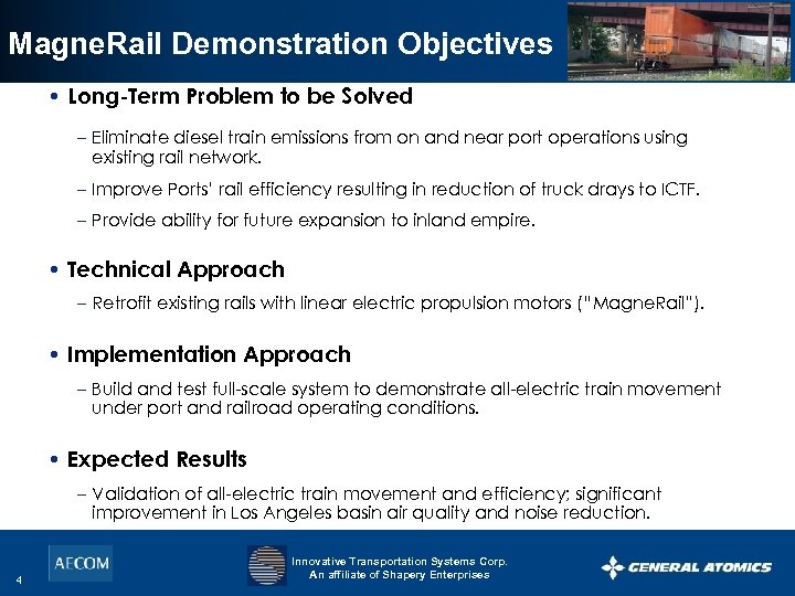 Magne. Rail Demonstration Objectives • Long-Term Problem to be Solved – Eliminate diesel train