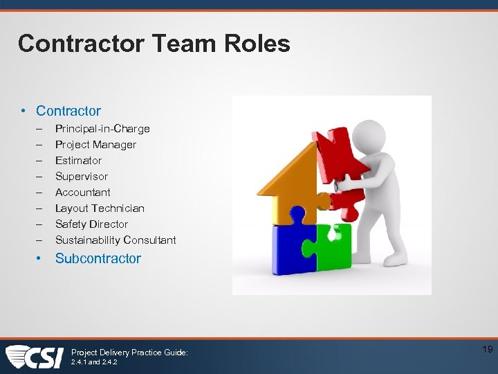 Contractor Team Roles • Contractor – – – – Principal-in-Charge Project Manager Estimator Supervisor