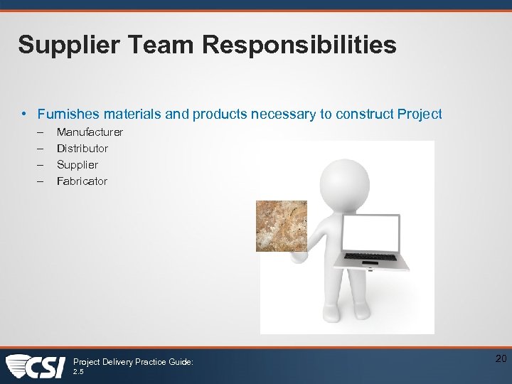 Supplier Team Responsibilities • Furnishes materials and products necessary to construct Project – –