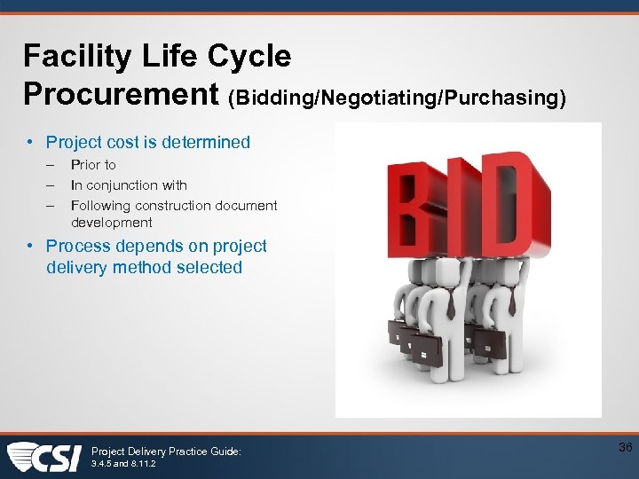 Facility Life Cycle Procurement (Bidding/Negotiating/Purchasing) • Project cost is determined – – – Prior