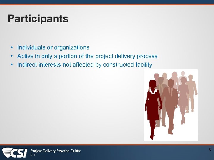 Participants • Individuals or organizations • Active in only a portion of the project