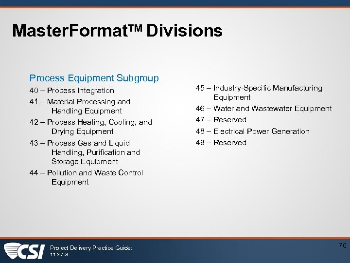 Master. Format. TM Divisions Process Equipment Subgroup 40 – Process Integration 41 – Material