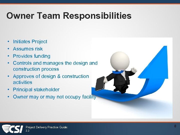 Owner Team Responsibilities • • Initiates Project Assumes risk Provides funding Controls and manages