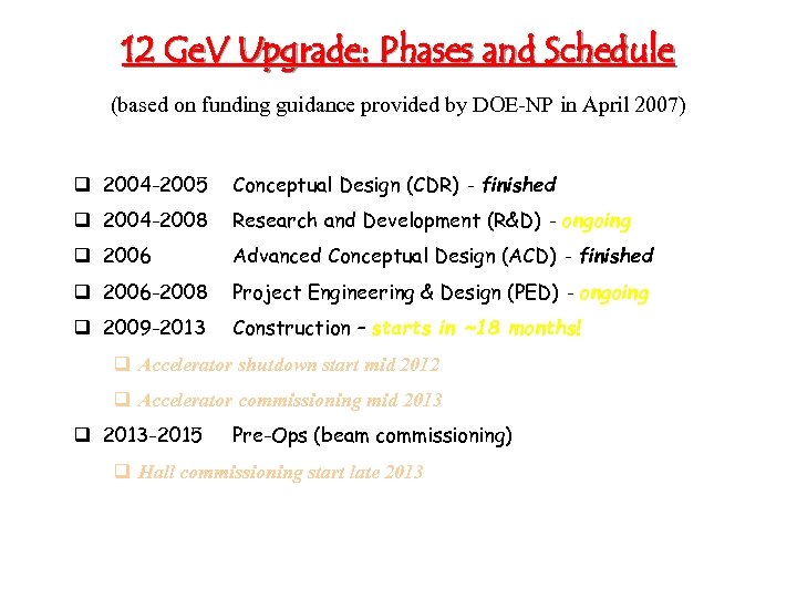 12 Ge. V Upgrade: Phases and Schedule (based on funding guidance provided by DOE-NP