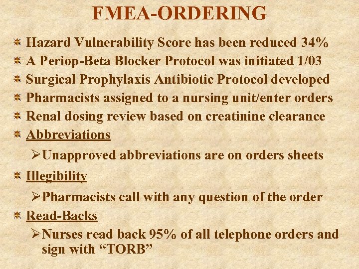 FMEA-ORDERING Hazard Vulnerability Score has been reduced 34% A Periop-Beta Blocker Protocol was initiated