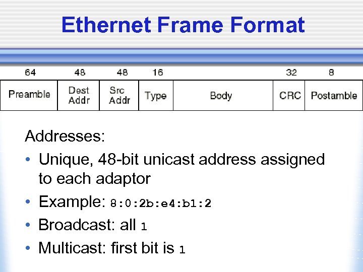 Ethernet Frame Format Addresses: • Unique, 48 -bit unicast address assigned to each adaptor