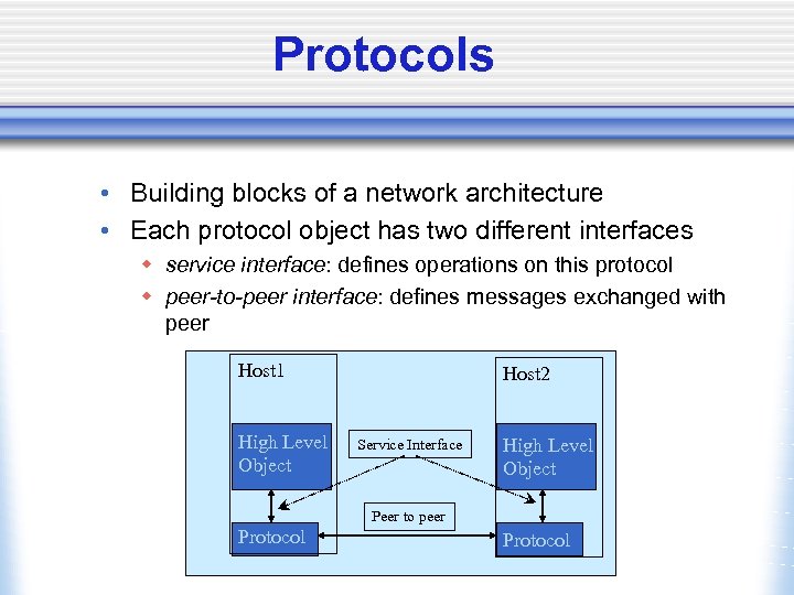 Protocols • Building blocks of a network architecture • Each protocol object has two