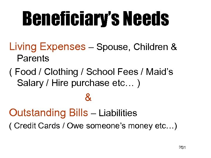 Beneficiary’s Needs Living Expenses – Spouse, Children & Parents ( Food / Clothing /